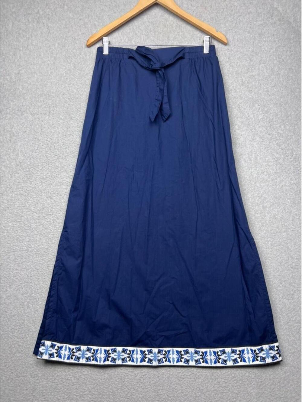 Beyond by Vera Cotton Maxi Skirt S Navy Blue Hand Printed Geometric Border Boho